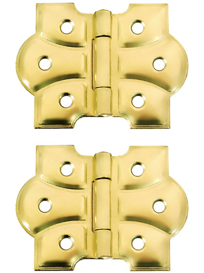 Pair of Small Craftsman Flush Mount Cabinet Hinges - 1 3/4 inch H x 2 3/8 inch W in Polished Brass.